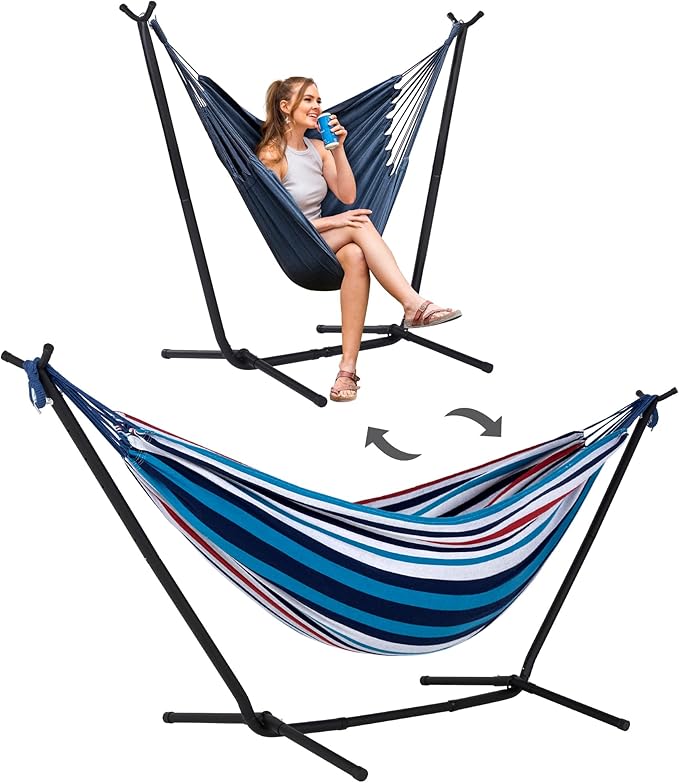 SUNCREAT 2-in-1 Convertible Portable Double Hammock with Stand Included, Outdoor Hammock and Stand, Patented, Sea Blue