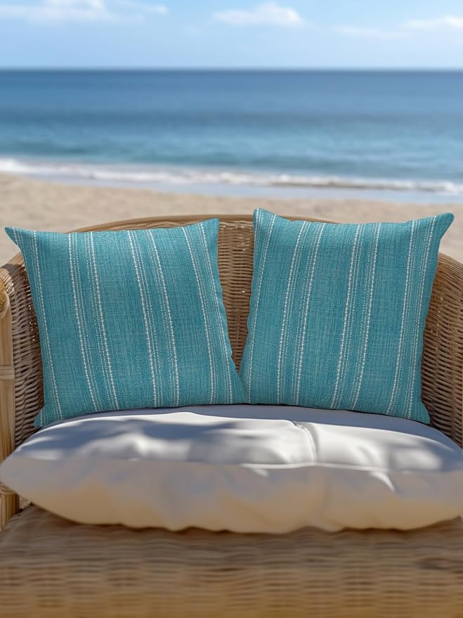 Waterproof Outdoor Pillow 1 Pack Turquoise Linen Stripes Decorative Throw Pillows Cover & Insert 16x16 Inch Pillowcase Parallel Vertical Lines Pillows for Couch Sofa Bed Patio Furniture Indoor Outdoor