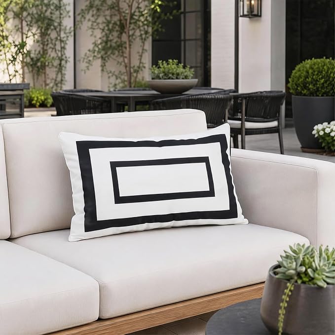 Pyonic Outdoor Waterproof Throw Pillow Covers 12 X 20 Inches Black and White Geometric Modern Pillow Covers for Patio Garden Porch Set of 2