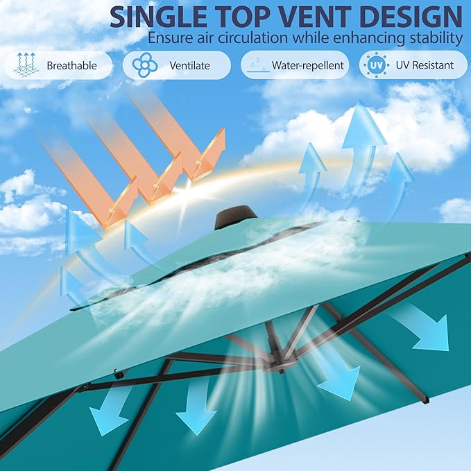 9' X 12' Cantilever Patio Umbrella Rectangle Outdoor Umbrella, 6-Level Tilt & 360° Rotation Offset Umbrella for Garden, Deck, Pool (Turquoise)