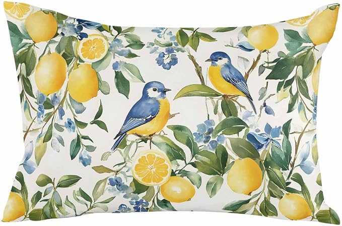 Outdoor Throw Pillow Covers Waterproof Pillow Cases 20x12In, Watercolor Lemon Bird Decorative Pillow Covers Cushion Cases for Couch Sofa Patio Garden,2 Pack Vintage Spring Blue Flower Foliage