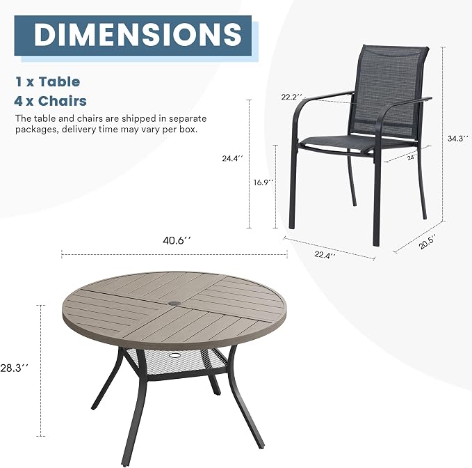 DIFY 5 Pieces Outdoor Patio Dining Set for 4, 40.6" Grey Wood-Like Round Metal Dining Table and 4 Grey Stackable Sling Dining Chairs, Outdoor Table and Chairs for Lawn Garden Backyard Deck