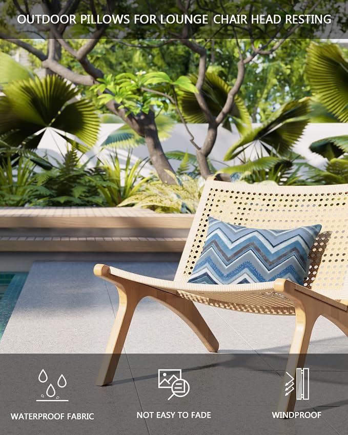 Outdoor Pillows Covers with Inserts Northern Europe Blue Geometric Wave Stripes Waterproof Recliner Pillow with Adjustable Strap Throw Pillows for Patio Furniture Pool Lounge Chair, 11x16 inch, 1PCS