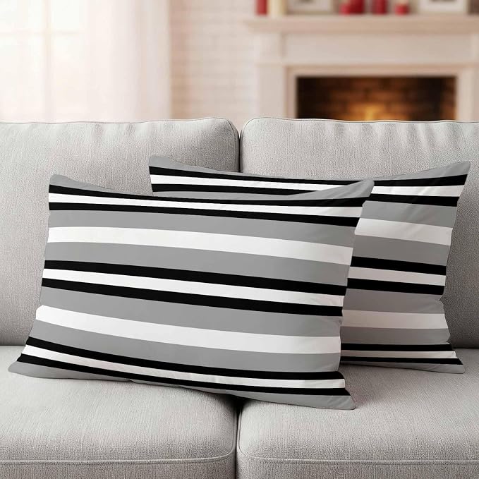 Lumbar Pillow Covers 20x12 Inch Set of 2, Black Gray Striped Waterproof Outdoor Pillow Covers, Contemporary Minimalist Lines Art Decorative Cushion Pillowcases for Couch, Sofa, Bed, Garden, Patio