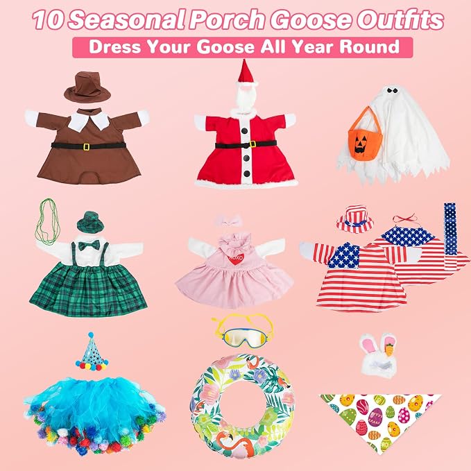 9 Set Holiday Porch Goose Outfits All Seasons for 23" Lawn Goose Statue | Summer Birthday Halloween Thanksgiving Christmas Valentine Easter 4th of July Patriotic Porch Goose Clothing for Patio Decor