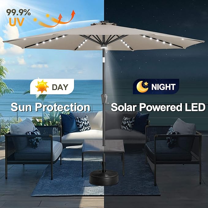FLAME&SHADE 11 FT Solar Light Patio Umbrella, 40 LED lights outdoor umbrella with Centre Surround Light, Table Market Umbrella for Deck, Pool, Porch, Backyard, Garden, UV Protection, Taupe