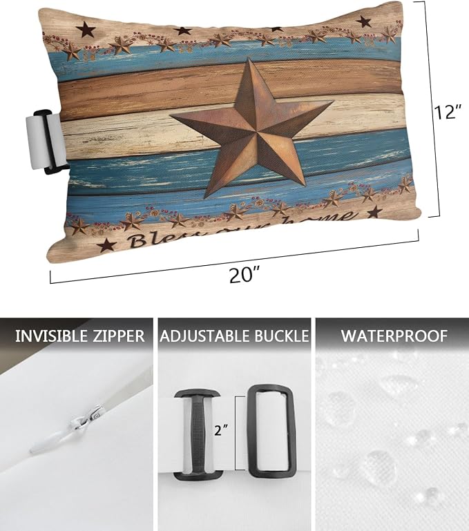 Western Texas Star Retro Outdoor Pillows for Chaise Lounge Chair Beach Headrest Pillow Set of 2 Lumbar Pillows with Insert&Strap Country Farmhouse Dark Blue Brown Wooden Neck Pillow for Pool 12"x20"