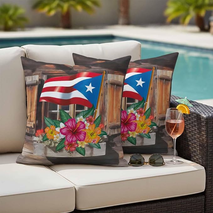 Puerto Rico Flag Outdoor Pillow Covers 20x20 Inch Throw Pillow Covers Set of 2 Waterproof Decorative Pillow Cases Farmhouse Retro Flowers American Flags Cushion Covers for Patio Furniture Garden Couch