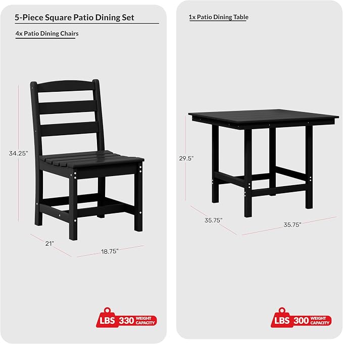 Costaelm Palms 5-Piece HDPE Outdoor Square Patio Dining Table Set with Armless Side Chairs, Black