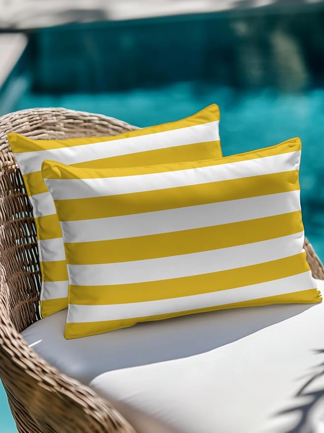 Waterproof Outdoor Pillow 1 Pack Yellow White Stripe Decorative Throw Pillows Cover & Insert 20x12 Inch Lumbar Pillowcase Simple Style Striped Pillows for Couch Sofa Bed Patio Furniture Indoor Outdoor