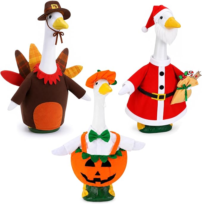 3 Set Holiday Porch Goose Outfits for Halloween Christmas Thanksgiving Day | Seasonal Goose Statue Costumes with Pumpkin Turkey Santa Outfit, Lawn Goose Clothes for 23" Statue
