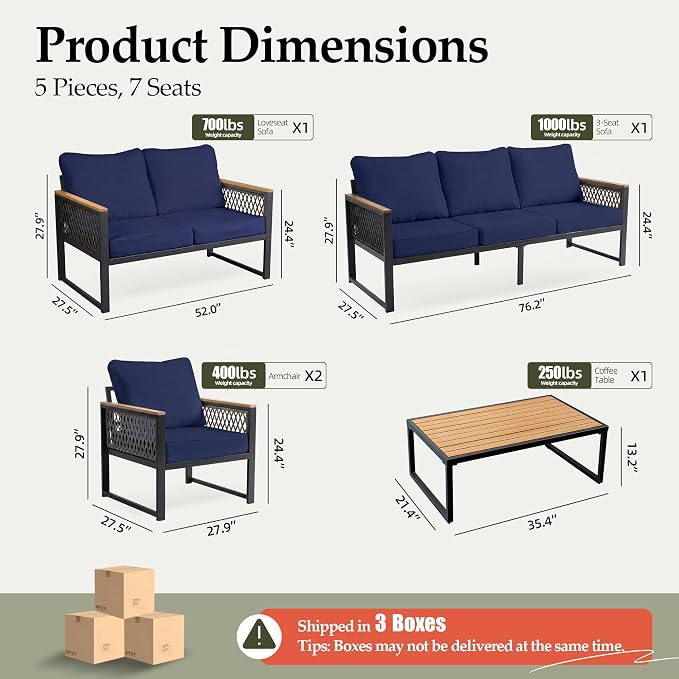 UPHA 5 Pieces Patio Furniture Set, Metal Outdoor Sectional Couch Set with Loveseat & 3-Seat Sofa, 2 Chairs, Coffee Table, Modern Patio Conversation Set for Porch Balcony Deck, 7 Seats, Navy Nlue