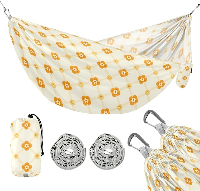 Camping Hammock Outdoor Hammocks for Outside Yellow Floral Lattice Beach Trees Portable Lightweight with Pockets Tree Straps Indoor