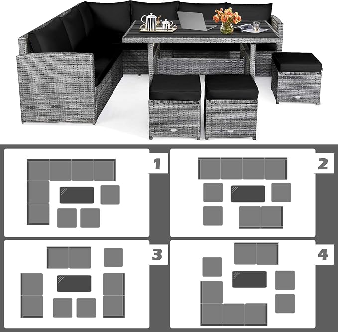HAPPYGRILL 7 Pieces Rattan Wicker Patio Conversation Set, Outdoor Patio Furniture Set with Cushions, Rattan Sofa Set with Dining Table & Ottomans for Poolside Backyard Balcony Garden (Black)