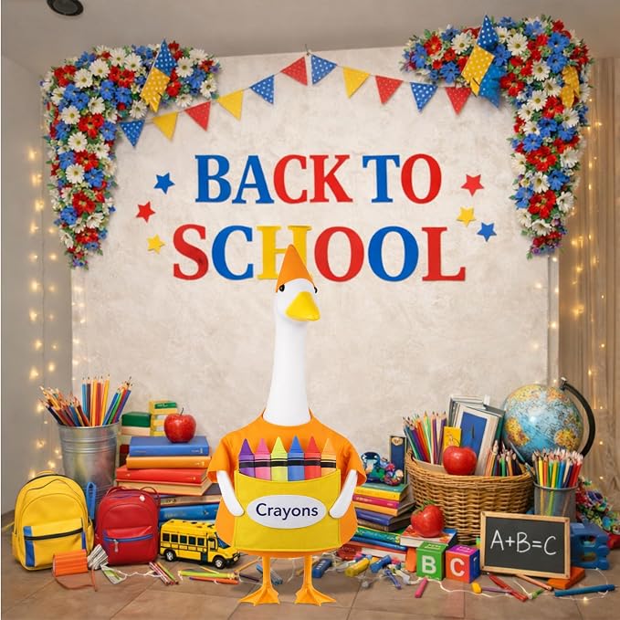 Back to School Porch Goose Outfit Crayon Goose Costume for Outdoor Decor | for 23'' Plastic/Cement Statues, Garden Lawn Patio Yard Decor School Classroom Decorations