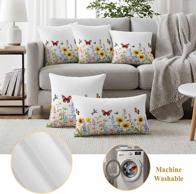 Colorful Florals Outdoor Waterproof Throw Pillow Covers Set of 2, 16"x16", Sunflower Daisy Butterfly Farm Botanical Decorative Pillow Covers Outside Cushion Case for Patio Porch Garden