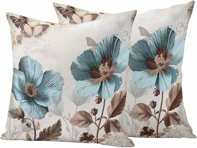 Teal Blue Floral Waterproof Outdoor Pillow Covers 20''x20'' Set of 2, Vintage Brown Flowers Butterfly Plant Patio Furniture Cushion Covers for Chairs, Decorative Pillow Cases for Garden/Pool/Beach