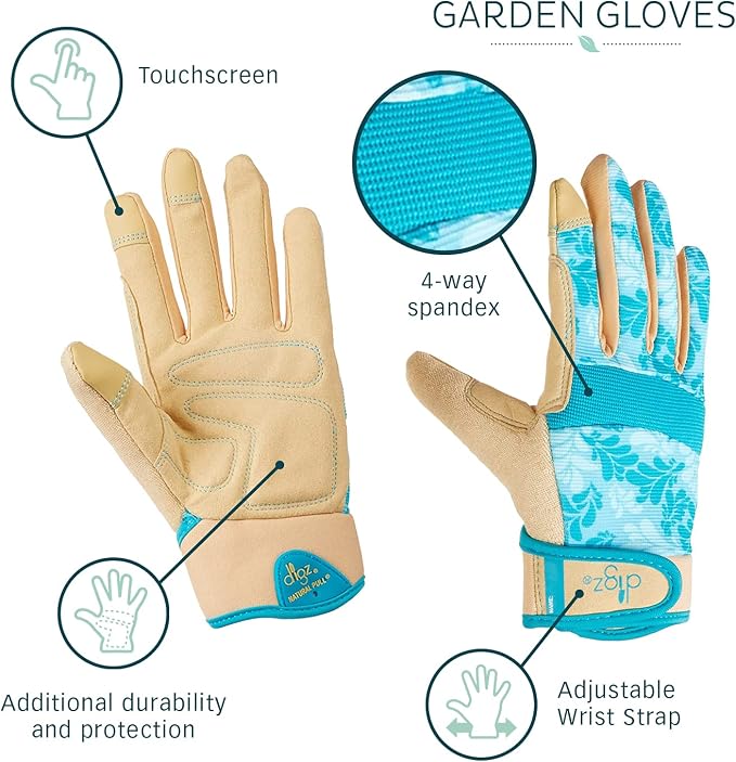DIGZ 7606-23 High Performance Women's Gardening Gloves, Work Gloves with Touchscreen Compatible Fingertips, Blue Leaves Pattern, Medium