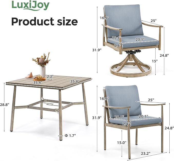 5-Piece Outdoor Dining Set for 4, Aluminum Patio Dining Set with Cushions, 2 Dining Chairs and 2 Swivel Chairs with Rope Backrest, Square Table with Umbrella Hole for Lawn Porch Backyard,Brown