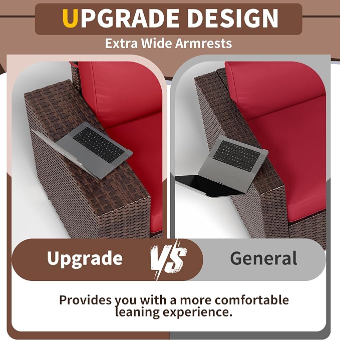 Outdoor Patio Furniture Set, 8'' Wide armrest Outdoor Sectional Rattan Sofa Set, Wicker Patio Furniture Sets w/Coffee Table,Thick Cushions and Cover for Porch, Balcony,Deck 6 PCS(Brown&Wine)
