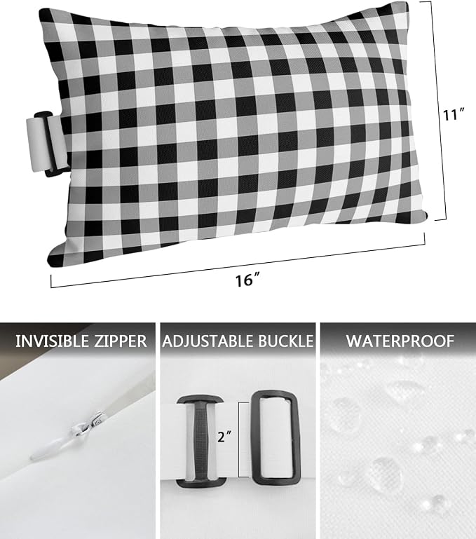 Outdoor Pillows Covers with Inserts Farmhouse Rural Style White and Black Plaid Waterproof Recliner Pillow with Adjustable Strap Throw Pillows for Patio Furniture Pool Lounge Chair, 11x16 inch, 1PCS