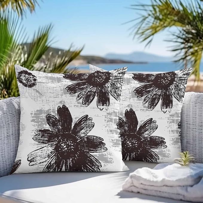 Vandarllin Outdoor Throw Pillows Covers 24x24 inch Set of 2 Waterproof Black Sunflower Decorative Zippered Cushion Covers for Patio Furniture, Floral Field Lumbar Pillowcases