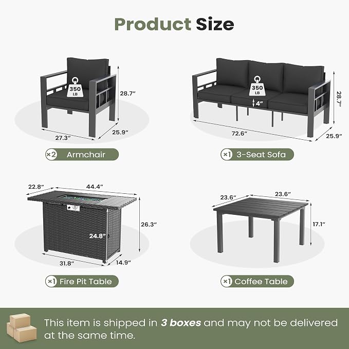 5 Piece Aluminum Patio Furniture Set with 44" Fire Pit Table & Thick Cushions, Aluminum Outdoor Sectional Conversation Set with Coffee Table for Porch, Backyard, Garden(Grey/Dark Grey-2)
