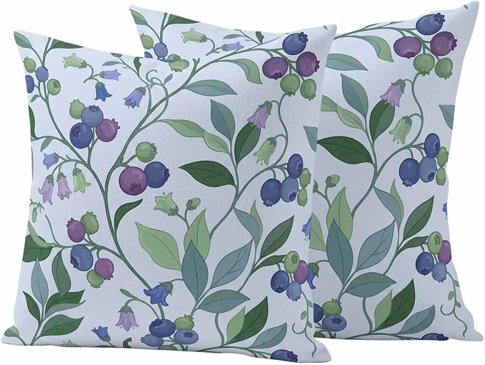 Blueberry Leaves Outdoor Pillow Covers 24"x24" Set of 2, Watercolor Blue Purple Fruit Floral Leaf Blue Waterproof Throw Pillow Covers for Patio Furniture, Decorative Cushion Covers for Porch