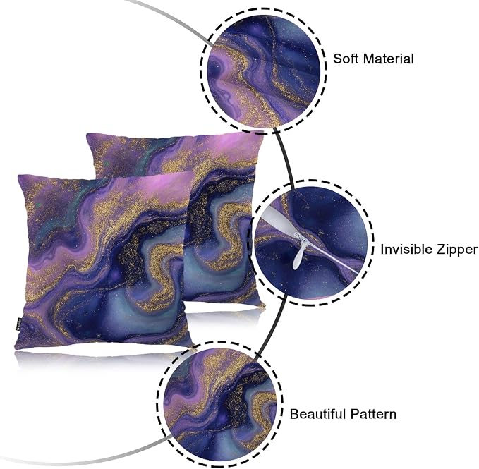 Swono Marble Pattern Cozy Pillowcase Cushion Cover, Abstract Natural Marble Gold Purple Decorative Throw Pillows Covers Outdoor Pillow Case for Home Office Dorm Sofa Picnic Car 18" X 18", 2 Pack