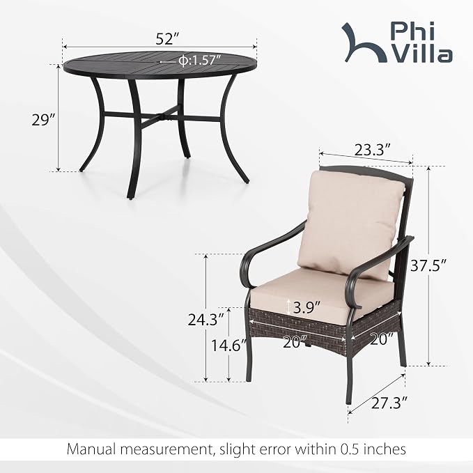 PHI VILLA 7 Pieces Patio Dining Set for 6, 52" Round Dining Table with Umbrella Hole & 6 Heavy Metal Wicker Chairs with Thick Cushions, Outdoor Table and Chairs for Deck and Garden