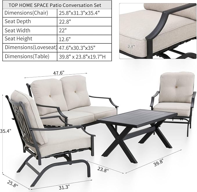 Patio Conversation Set 4 Pieces Metal Outdoor Furniture Sets Outside Loveseat with Rocking Chairs Coffee Table Thick Cushions (Beige)