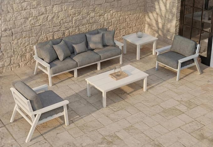 7 Piece Patio Conversation Sets, Outdoor Couch with Washable Thick Gray Cushions, HDPE Patio Furniture Set, Outdoor Sectional Furniture for Backyard, Deck, Lawn, Porch (White Frame)