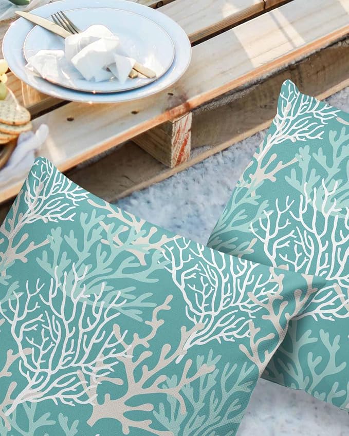 Pack of 2 Outdoor Pillow Covers 18x18 Waterproof Aqua Teal Coral Coastal Throw Pillow Covers, Decorative Pillowcases Nautical Ocean Marine Organism Cushion Covers for Patio Garden Couch Pillow Case