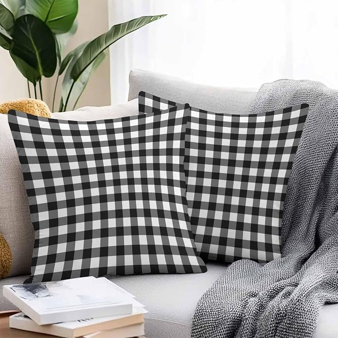Outdoor Waterproof Throw Pillow Covers Set of 2 Black White Buffalo Plaid Pillowcases 18x18 Inches Pastoral Checked Decorative Pillows Cushion Case Patio Pillows for Couch Bed Chair Garden