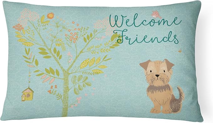 Caroline's Treasures BB7642PW1216 Welcome Friends Yorkie Natural Ears Canvas Fabric Decorative Pillow Machine Washable, Indoor Outdoor Decorative Pillow for Couch, Bed or Patio, 12HX16W