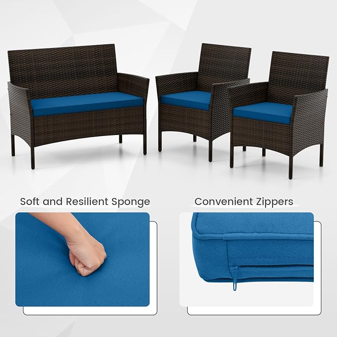 HAPPYGRILL 8 Pieces Outdoor Rattan Conversation Set, Patio Wicker Furniture Set with Loveseat Chairs & Tempered Glass Coffee Table, Outside Sectional Sofa Set for Backyard Garden Poolside, Blue