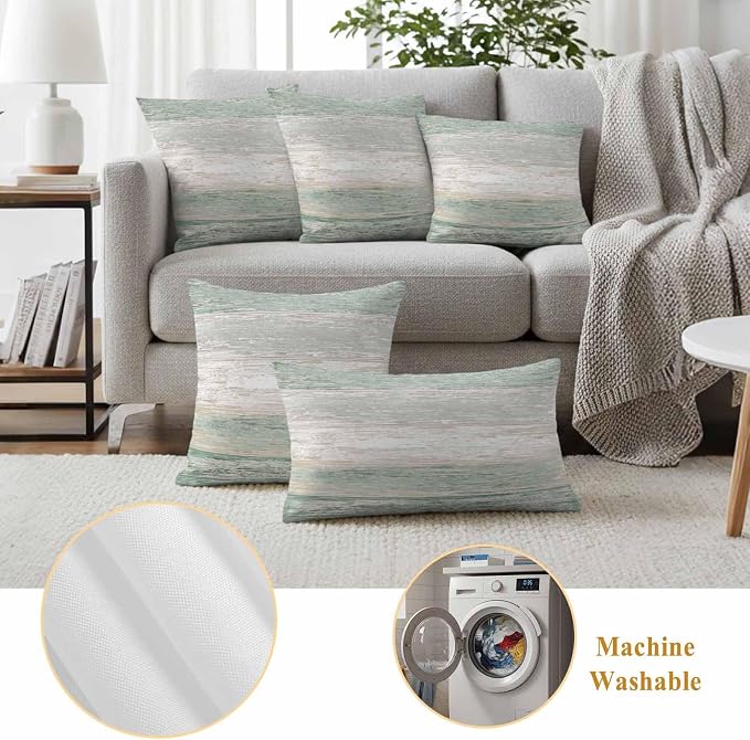 Green Gray Outdoor Pillow Covers 26"x26" Set of 2, White Gradient Rustic Striped Minimalist Country Waterproof Throw Pillow Covers for Patio Furniture, Decorative Cushion Covers for Porch