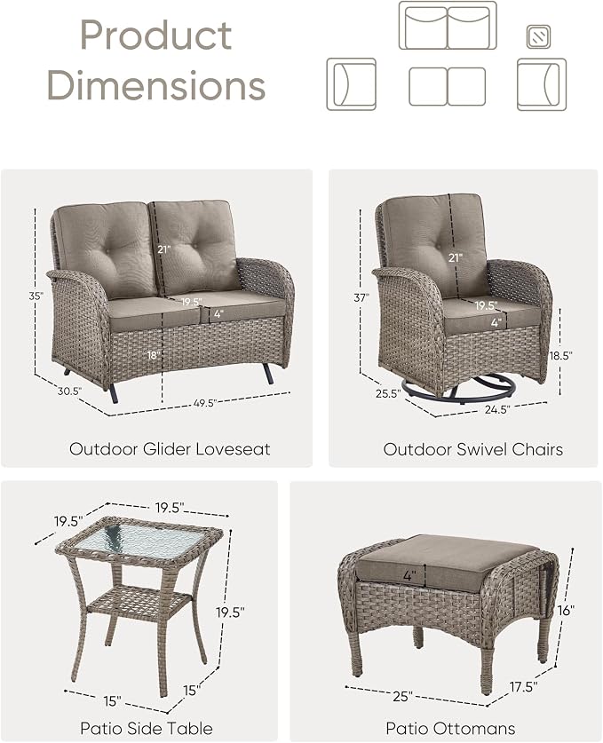 HUMMUH 6 Pieces Patio Furniture Set-Patio Glider Loveseat with Rattan Outdoor Swivel Chairs Outdoor Conversation Furniture Sets for Deck Lawn Porch Balcony Poolside-Grey/Grey
