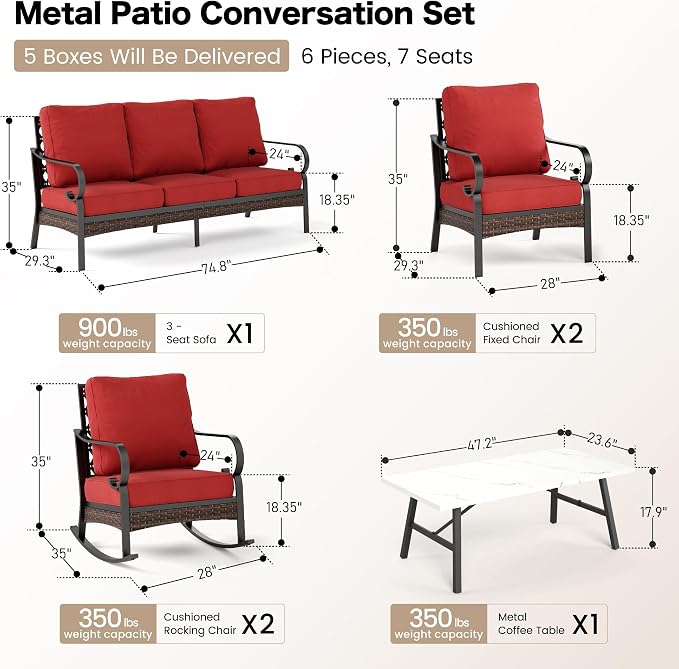 SUNSHINE VALLEY 6 Piece Metal Outdoor Patio Furniture Set, Patio Conversation Set with Rocking Chair and 5.75" Thick Cushion & Coffee Tabl, Outdoor Seating Black Frame Backyard Furniture, Rust Red