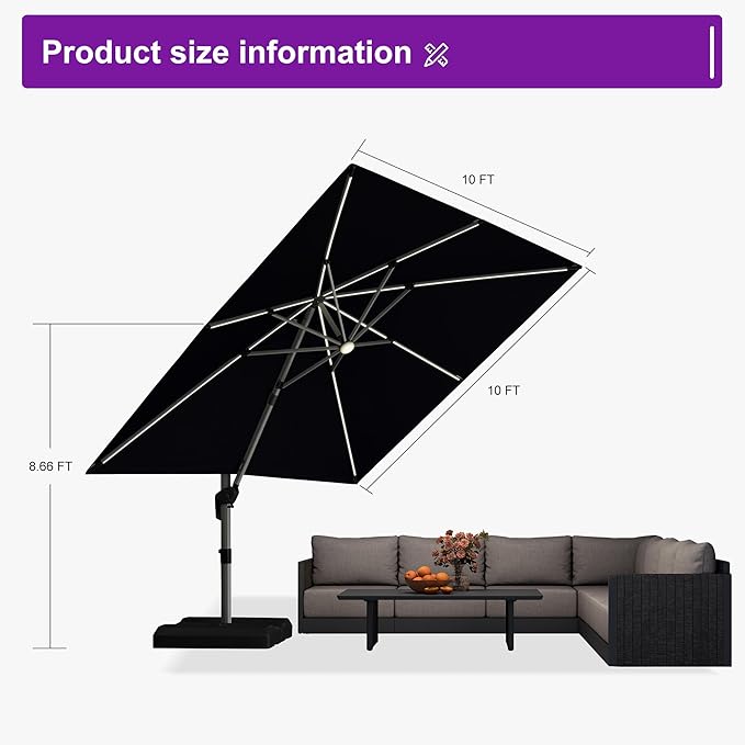 PURPLE LEAF 10 Feet Patio Umbrella with Lights Outdoor Square Cantilever Umbrella Solar Powered LED with 360-degree Rotation for Garden Deck Pool Patio, Black