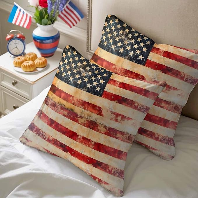 Independence Day Outdoor Pillow Covers 20"x20" Set of 2, Retro Country American Flag Waterproof Throw Pillow Covers for Patio Furniture, Decorative Cushion Covers for Porch