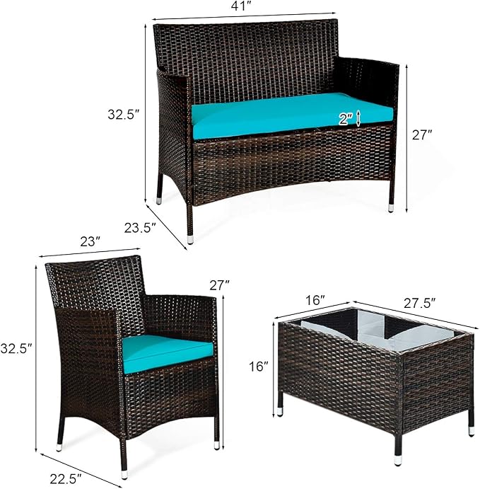 Goplus 4-Piece Rattan Patio Set, Outdoor/Indoor Wicker Conversation Set for Pool, Backyard, Lawn, Wicker Chairs and Sofa with Soft Cushion, Rattan Furniture with Tempered Glass Coffee Table