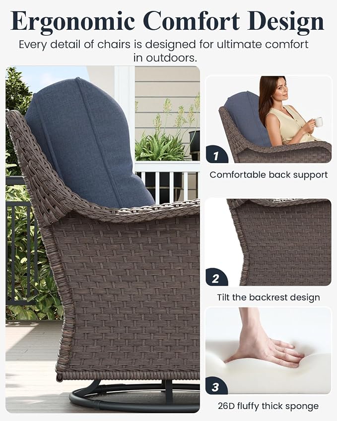 LayinSun 9 Piece Wicker Outdoor Furniture Set with 6-inch Comfy Cushions, High Back Patio Furniture Set with Swivel Rocking Chairs and Side Table