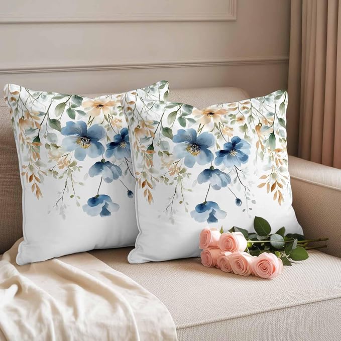 Blue Spring Floral Waterproof Outdoor Pillow Covers 20''x20'' Set of 2, Weeping Botanical Patio Furniture Summer Cushion Covers for Chairs, Decorative Wildflowers Pillow Cases for Garden/Pool/Beach