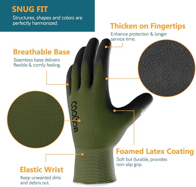 COOLJOB 2 Pairs Gardening Gloves for Men, Breathable Rubber Coated, Large | Garden Gloves Bulk, Non Slip Palm Dipped Grip for Weeding Landscaping, Outside Work for Lawn Yard, Black&Green