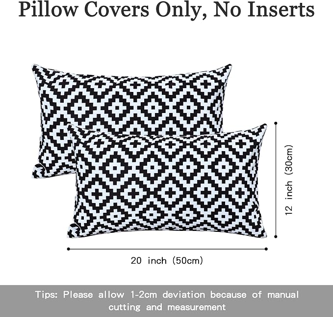 Geometric Outdoor Waterproof Pillow Covers 12x20 Inch Set of 2 | Black and White Modern Geometric Throw Pillows Cover, Decorative Cushion Covers for Summer Patio Garden Porch Sofa