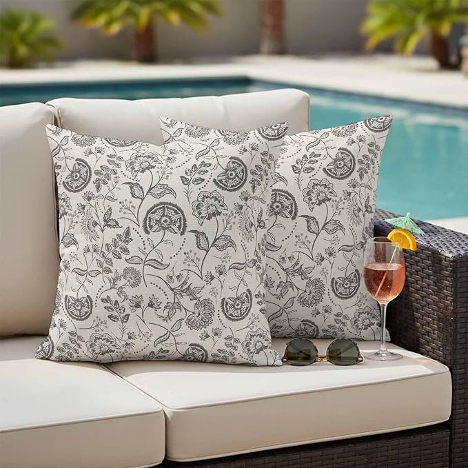 Outdoor Pillow Covers 24x24 Set of 2, Grey Paisley Waterproof Patio Throw Pillow Covers for Couch Sofa Chair, Boho Flower Botanical Leaf Branch Decorative Pillowcases for Throw Pillows