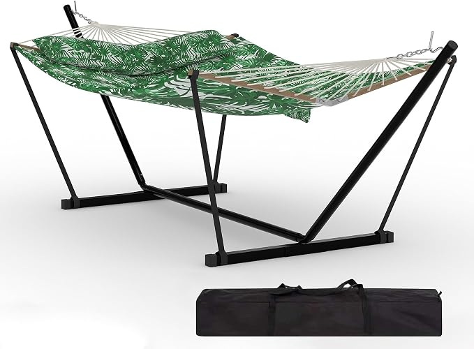 Double Hammocks with Stand for Outside, Heavy Duty Portable Outdoor Hammock with Carrying Bag & Soft Pillow & Paded, 450 LBS Weight Capacity, Perfect for Outdoor Indoor Patio Backyard Garden