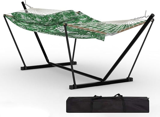 Double Hammocks with Stand for Outside, Heavy Duty Portable Outdoor Hammock with Carrying Bag & Soft Pillow & Paded, 450 LBS Weight Capacity, Perfect for Outdoor Indoor Patio Backyard Garden