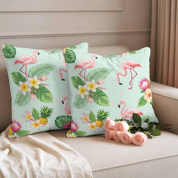 Pink Flamingos Outdoor Pillow Covers 26"x26" Set of 2, Summer Tropical Yellow Pineapples Green Palm Leaf Waterproof Throw Pillow Covers for Patio Furniture, Decorative Cushion Covers for Porch